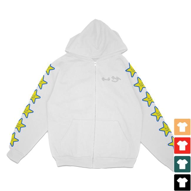 Official Asspizza Star Sleeve Zip-Up Hooded Sweatshirt Yellow Star White Hooded Sweatshirt