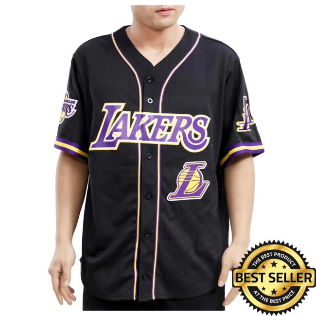 Official Fresh Society Los Angeles Lakers Logo Mesh Button Up Jersey - Black T-Shirts