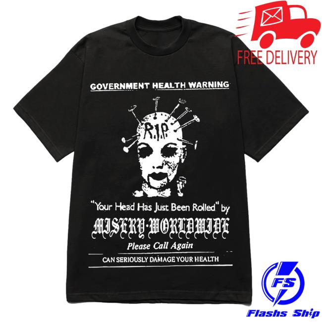 Official Misery Worldwide Government Health Warning Heads Will Roll Graphic Print Black Shirt