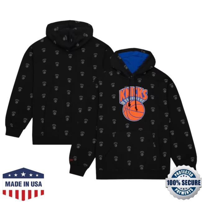 Official New York Knicks Mitchell & Ness Black Hardwood Classics All Over Print Pullover Hoodie 3D Aop