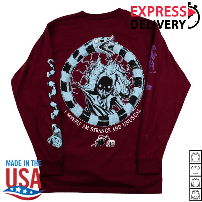 Official Any Means Necessary Clothing Beetlejuice I Myself Am Strange And Unusual Long Sleeve T-Shirts Burgundy