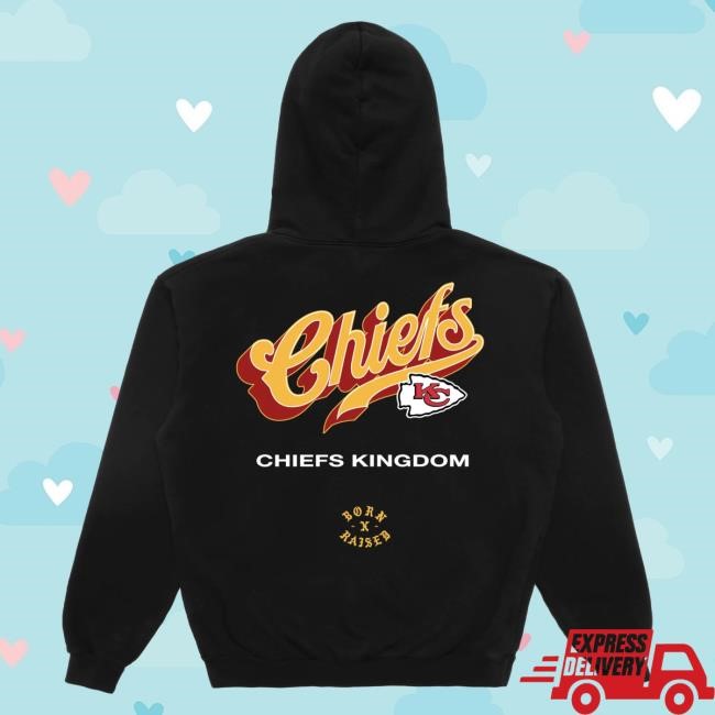 Official Born X Raised Shop Born X Raised + Chiefs Pro Script Popover Hoodie: Black NFL 2025 Kickoff