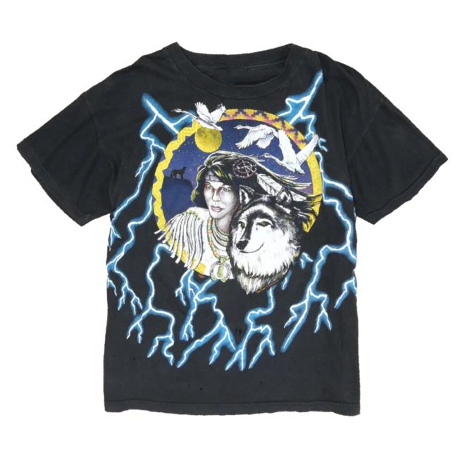 Official Throwback Vault Vintage Native Wolf American Thunder Pullover Hoodie Black Lightning Aop 90S