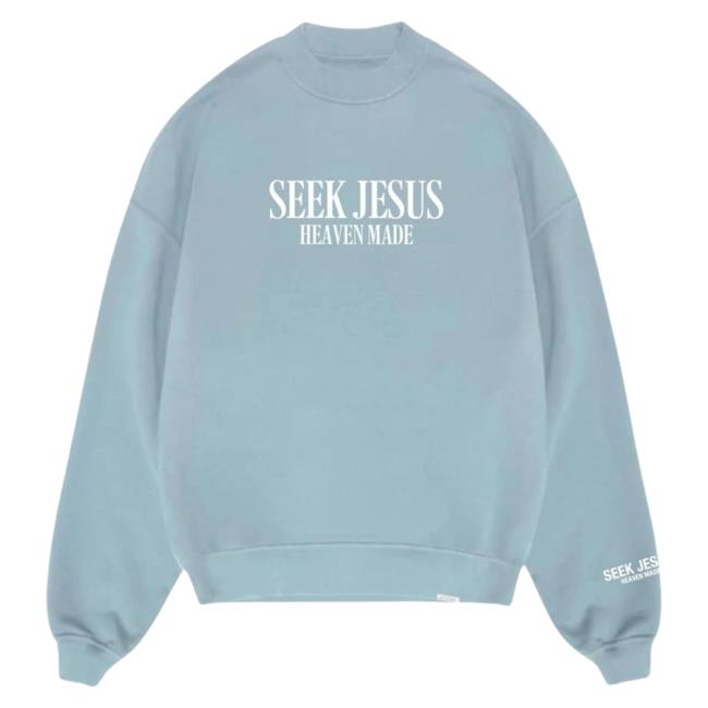 Official Seek Jesus Merch Store Seek Jesus Seek Jesus X Heaven Made Crewneck Sweatshirt Light Blue Seek Jesus Apparel Clothing SeekJesus