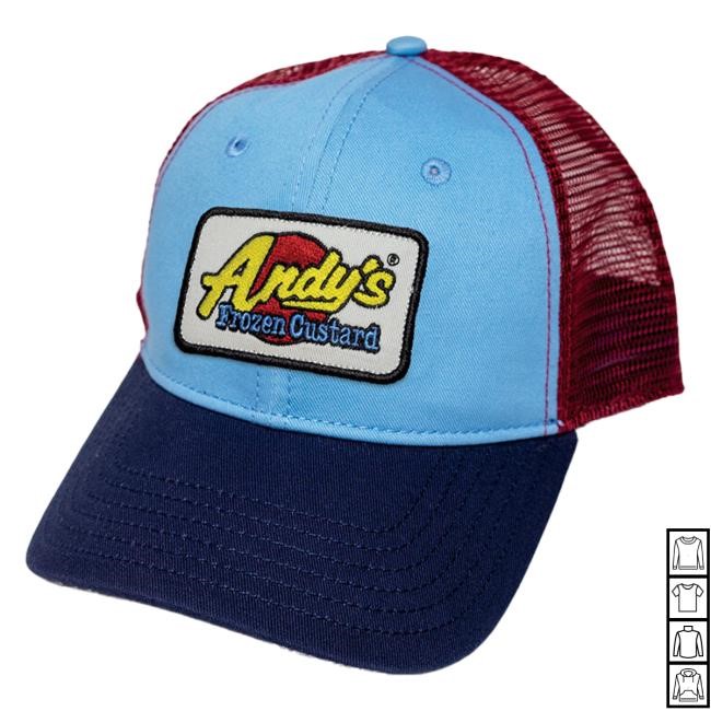 Official Andy's Frozen Custard Merch NEW! Trucker Hat - Lt Blue-Navy-Dark Red
