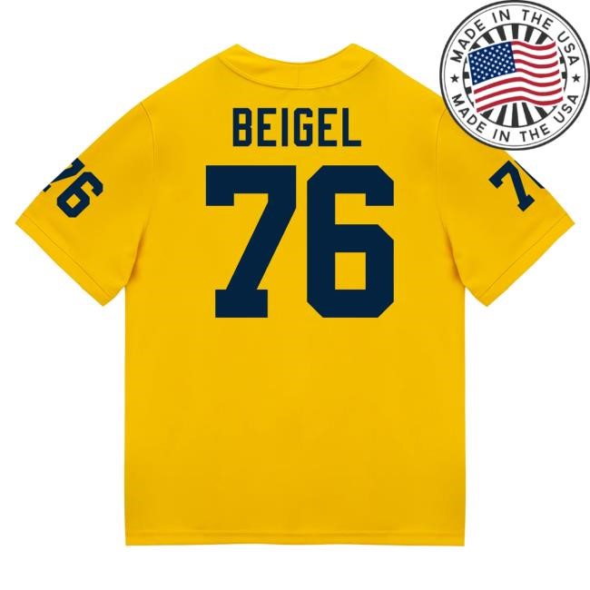 Official The M Den Michigan Wolverines #76 Manuel Beigel Student Athlete Maize Football Jersey T Shirt